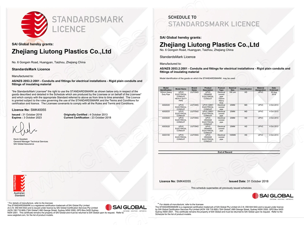 Australia Standard (AS/NZS2053) UPVC / PVC Plastic Pipe / Conduit & Fittings with Sai Certification